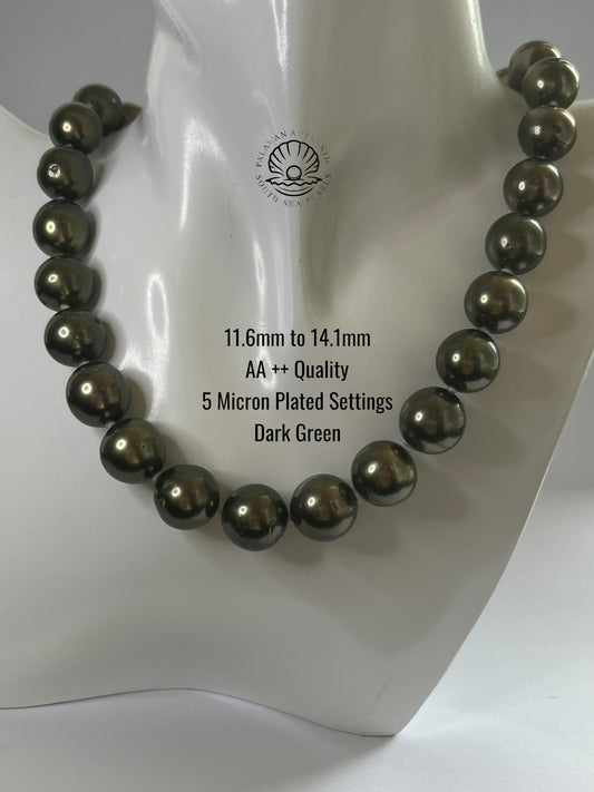 11.6 to 14.1mm Palawan Authentic Dark Green South Sea Pearl Choker in 5  Micron Lock Setting.