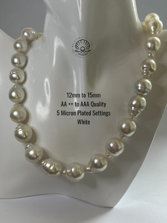12 to 15mm Palawan Authentic White Color South Sea Pearl Choker in 5 Micron Lock Settings
