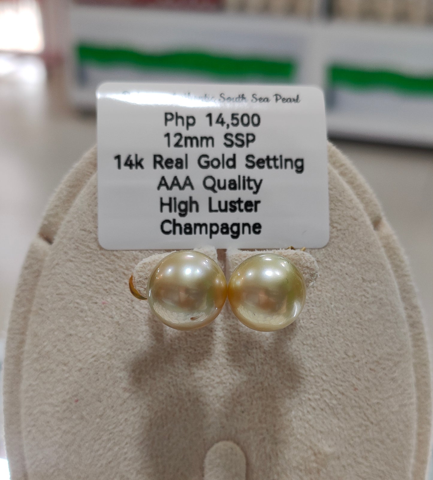 12mm Stud Earrings Champagne South Sea Pearl Earring in 14K Real Gold Settings.