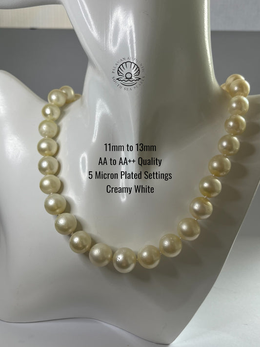 11 to 13mm Palawan Authentic Creamy White Color South Sea Pearl Choker in 5 Micron Lock Settings