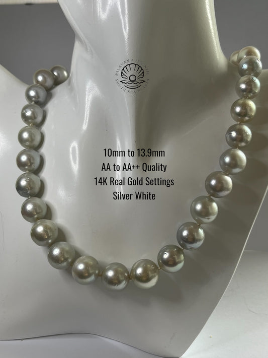 10 to 13.9mm Palawan Authentic Silver White Color South Sea Pearl Choker in 14K Real Gold Lock Settings