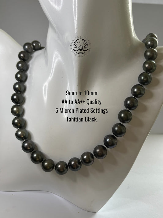 9 to 10mm Palawan Authentic Tahitian Black Color South Sea Pearl Choker in 5 Micron Lock Settings