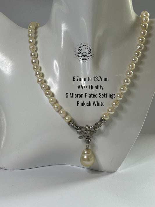6.7 to 13.7mm Palawan Authentic Pinkish White Color South Sea Pearl Choker in 5 Micron Lock Settings