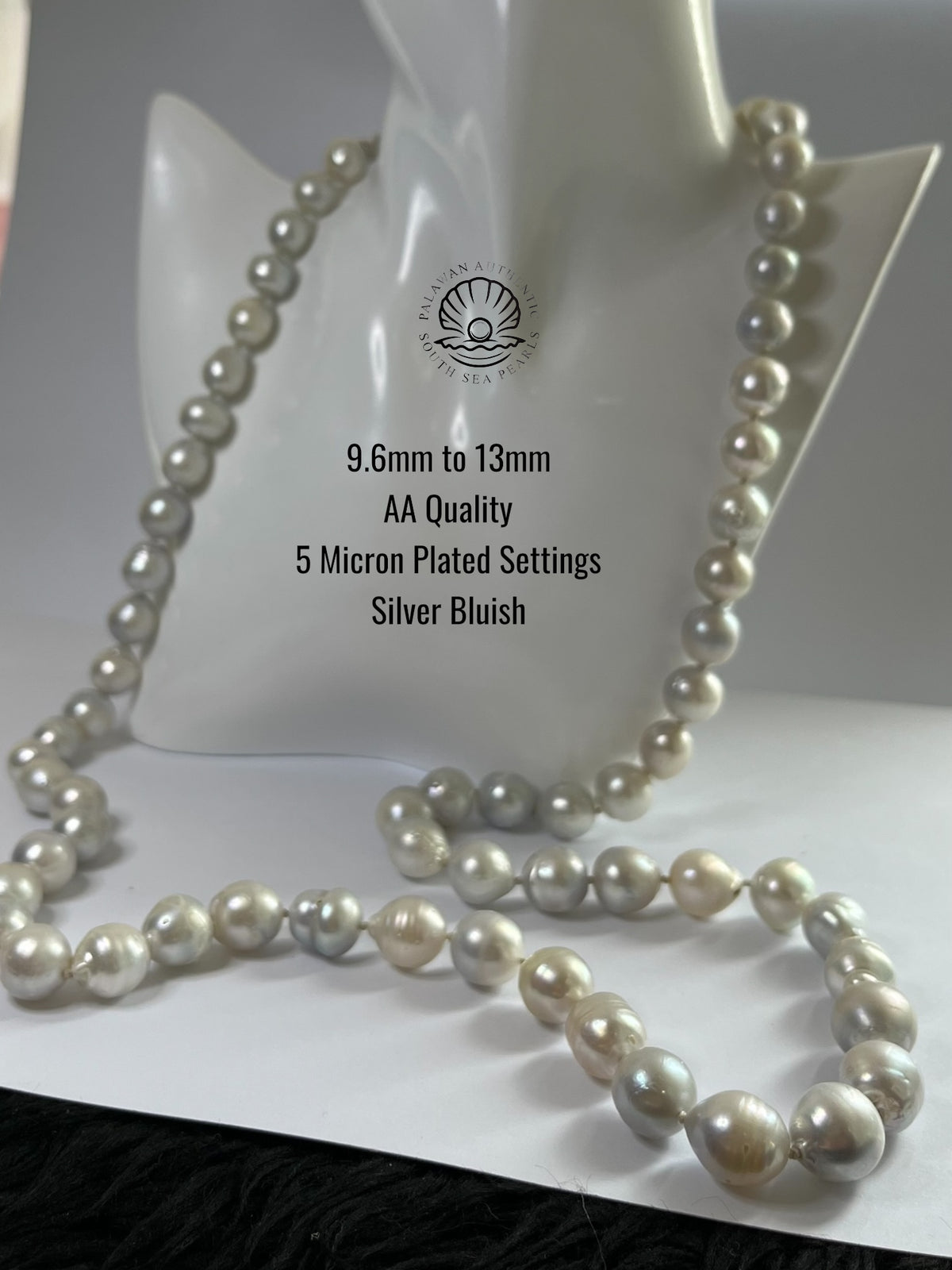 9.6 to 13mm Palawan Authentic Silver Bluish Color South Sea Pearl Long Necklace in 5 Micron Lock Settings