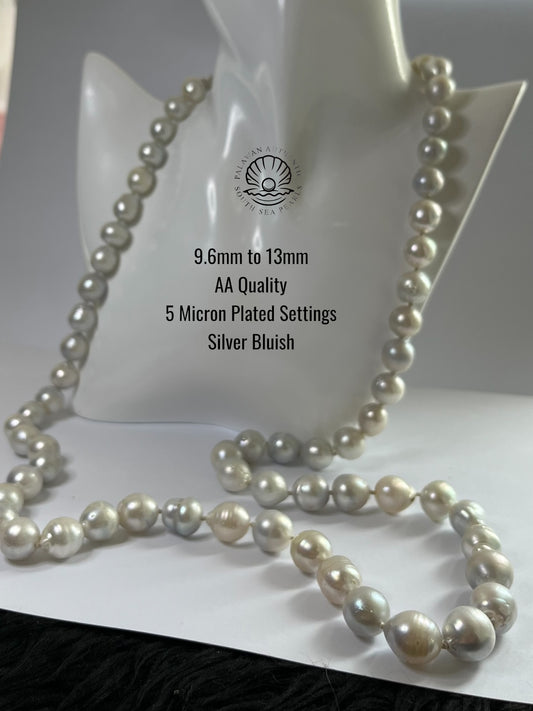 9.6 to 13mm Palawan Authentic Silver Bluish Color South Sea Pearl Choker in 5 Micron Lock Settings