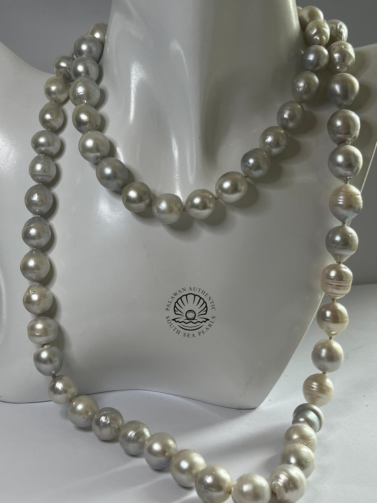 9.6 to 13mm Palawan Authentic Silver Bluish Color South Sea Pearl Long Necklace in 5 Micron Lock Settings