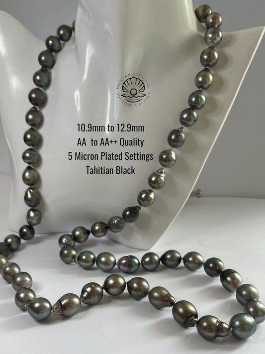 10.9 to 12.9mm Palawan Authentic Tahitian Black Color South Sea Pearl Choker in 5 Micron Lock Settings