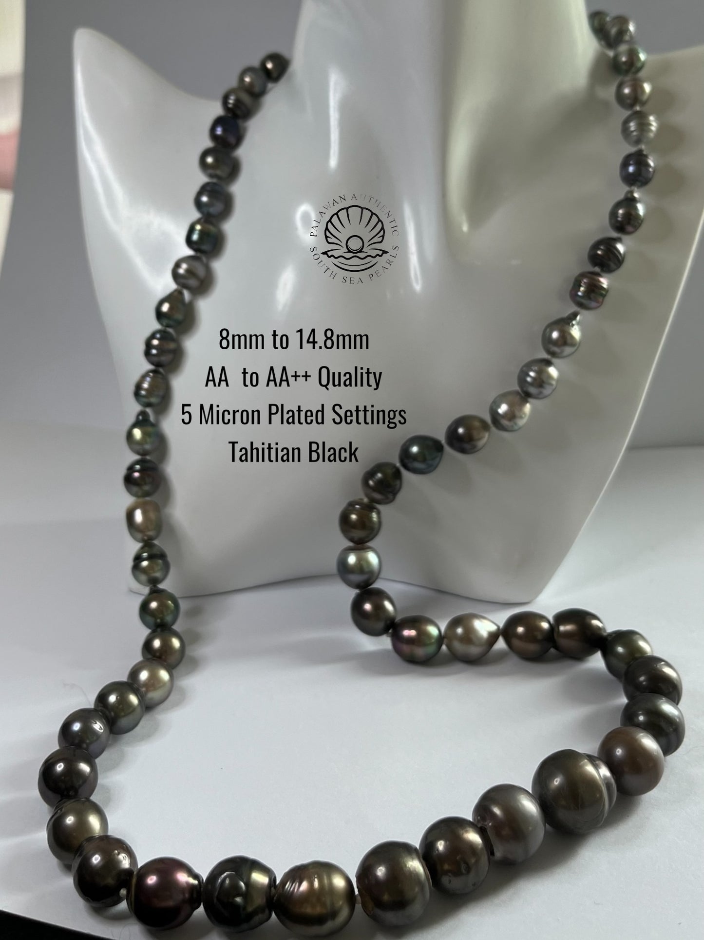 8 to 14.8mm Palawan Authentic Tahitian Black Color South Sea Pearl Choker in 5 Micron Lock Settings