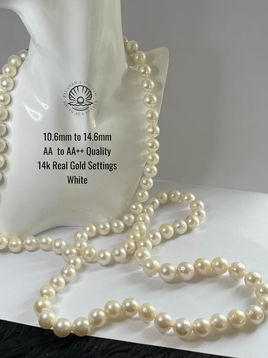 10.6 to 14.6mm Palawan Authentic White Color South Sea Pearl Choker in 14k Real Gold Lock Settings