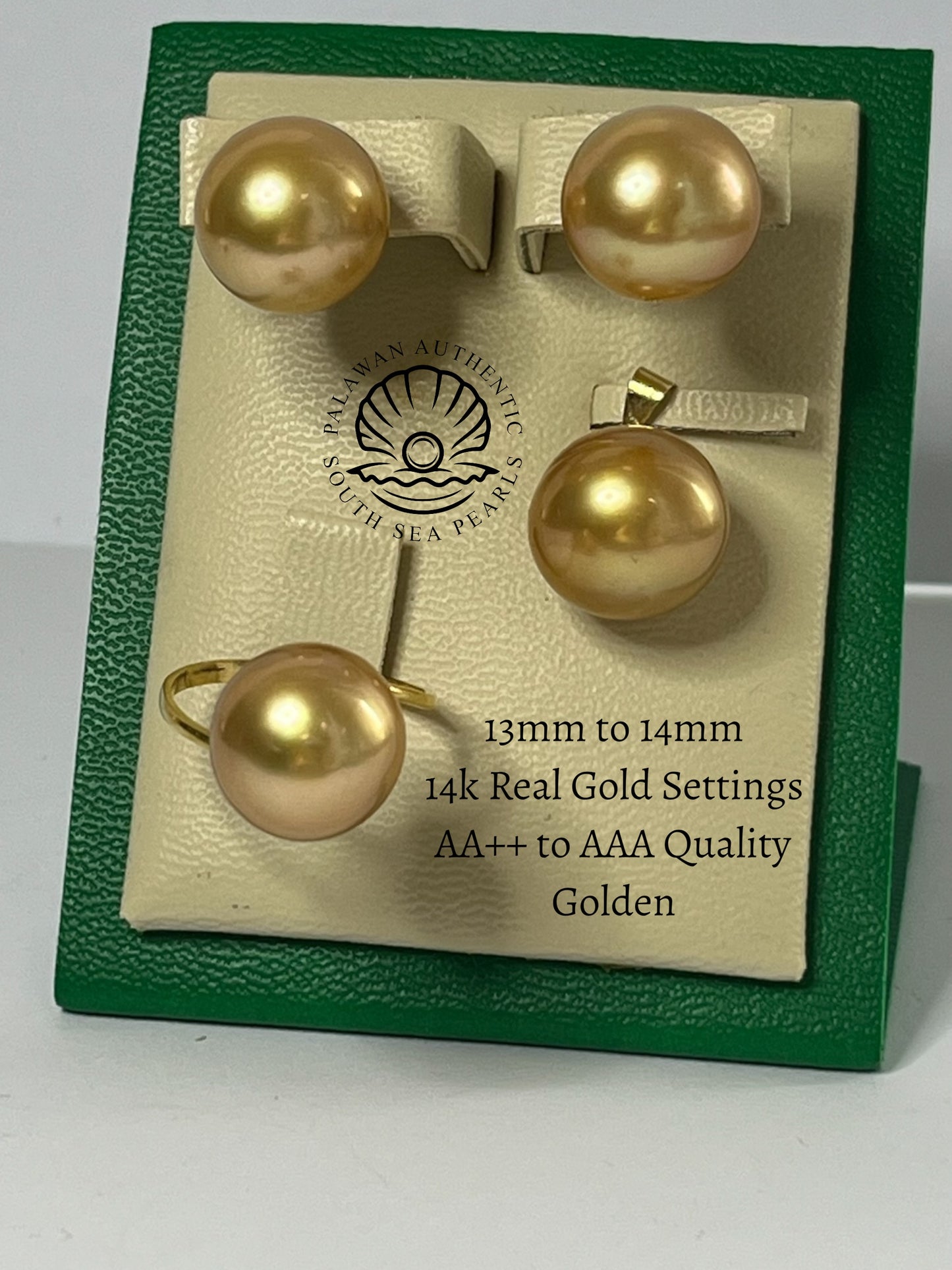 13 to 14mm Palawan Authentic Golden Color South Sea Pearl Sets in 14k Real Gold Settings