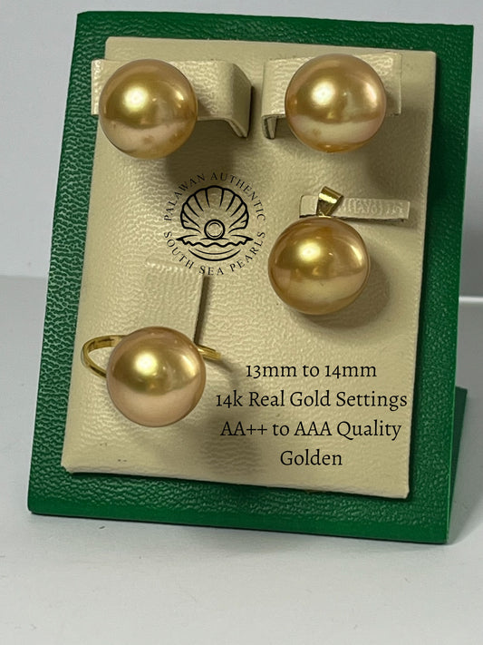 13 to 14mm Palawan Authentic Golden Color South Sea Pearl Sets in 14k Real Gold Settings