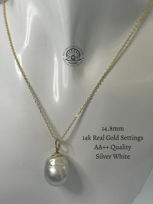 14.9mm Palawan Authentic Silver White Color South Sea Pearl Pendant in 14k Real Gold Settings