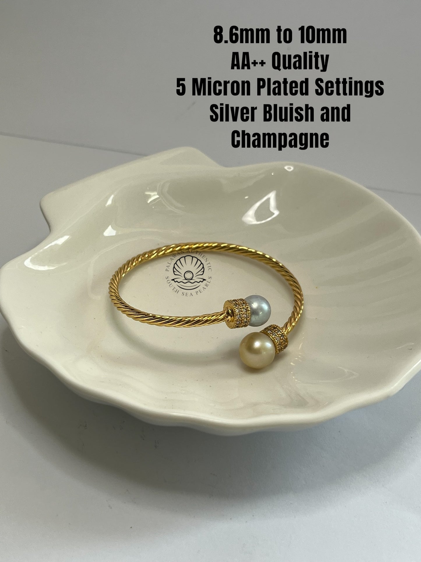 8.6 to 10mm Palawan Authentic Silver Bluish and Champagne Color South Sea Pearl Bangle in 5 Micron Plated Settings