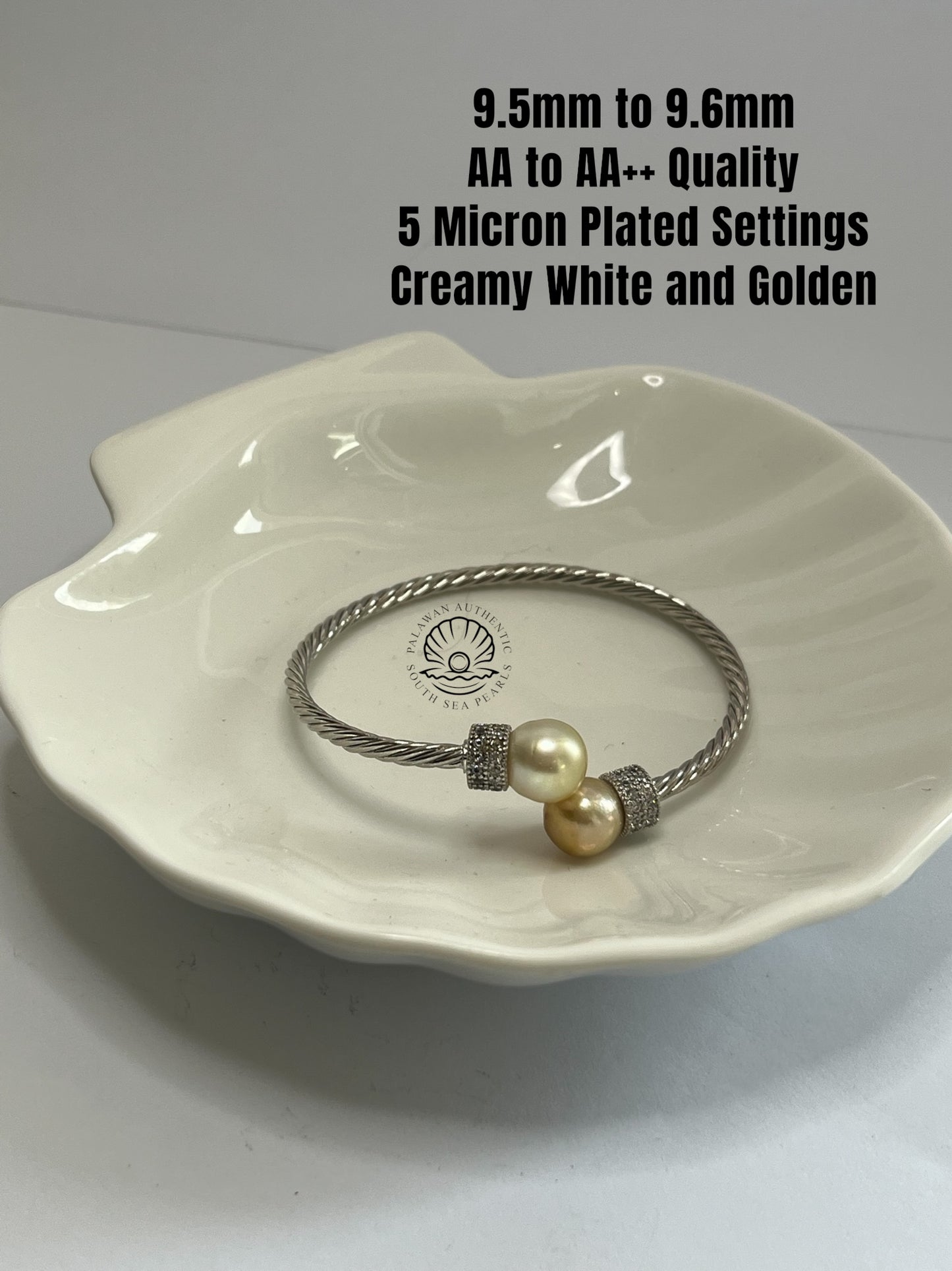 9.5 to 9.6mm Palawan Authentic Creamy White and Golden Color South Sea Pearl Bangle in 5 Micron Plated Settings