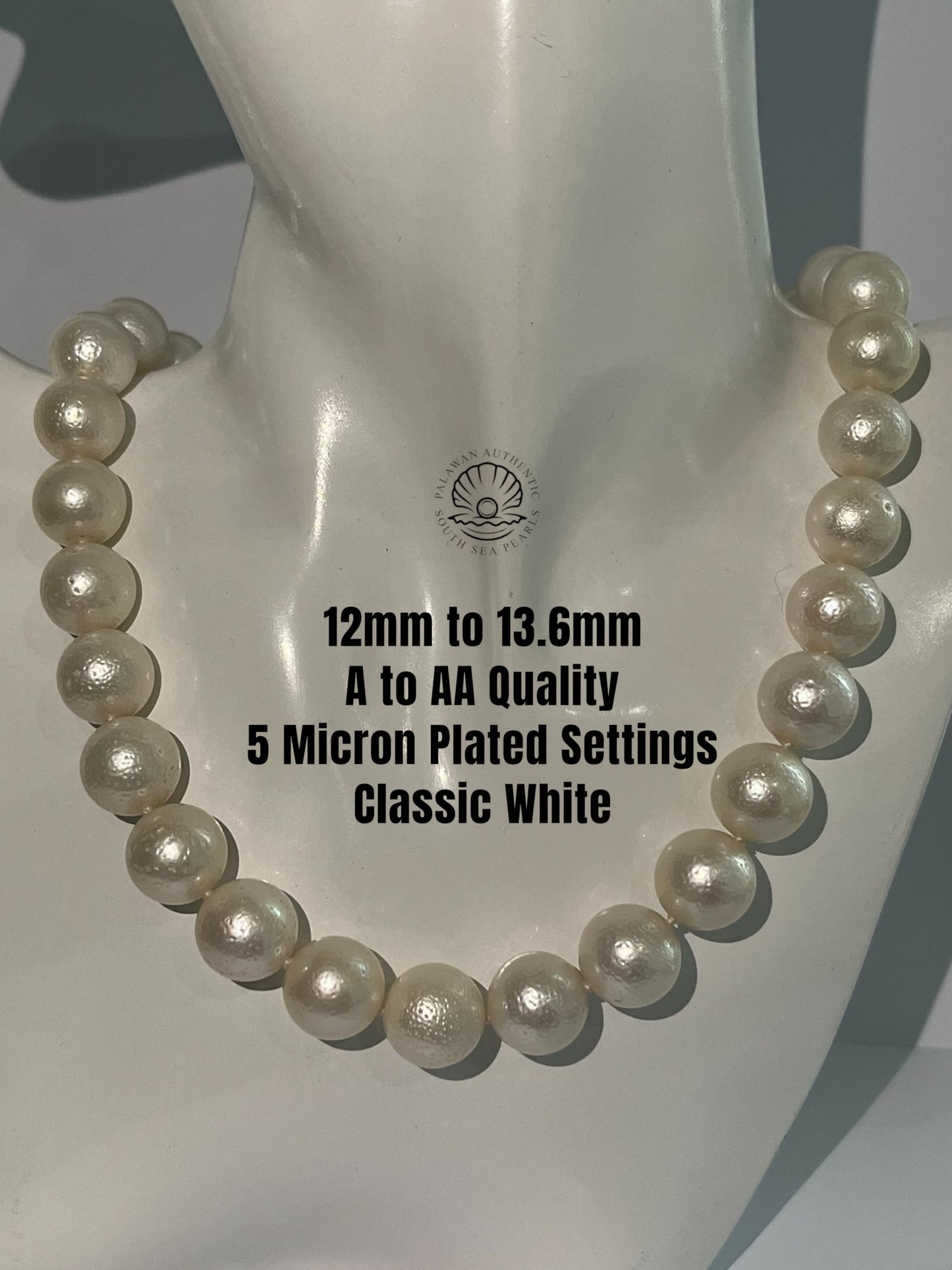 12mm to 13.6mm Palawan Authentic Classic White Color South Sea Pearl Choker in 5 Micron Lock Settings
