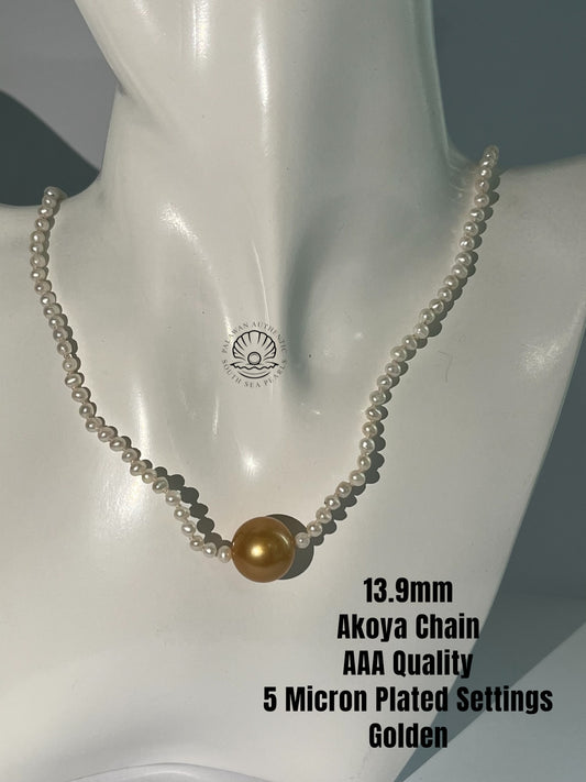 13.9mm Palawan Authentic Silver Golden South Sea Pearl Choker in 5 Micron Lock Settings