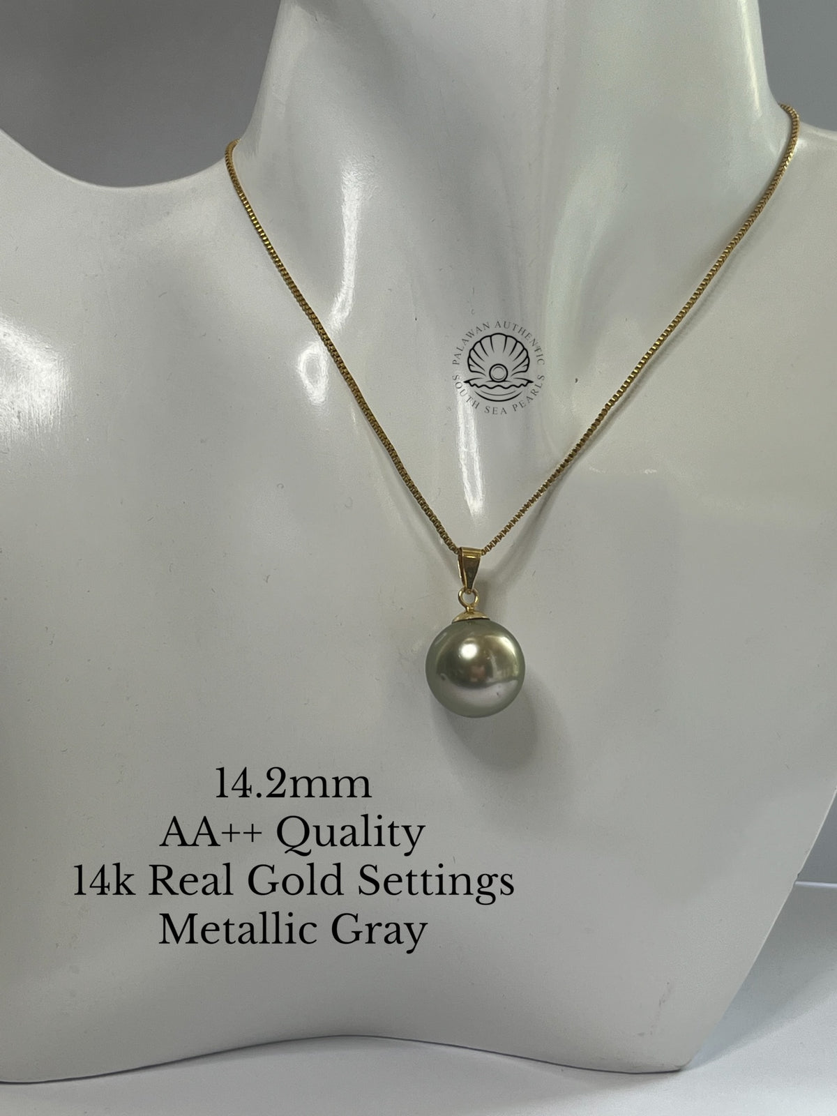 14.2mm Palawan Authentic Metallic Gray Color South Sea Pearl Pendant in 14k Real Gold Settings