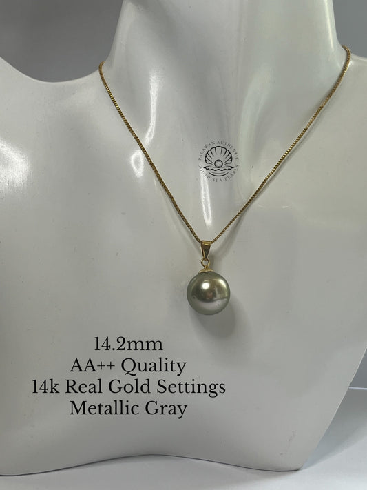14.2mm Palawan Authentic Metallic Gray Color South Sea Pearl Pendant in 14k Real Gold Settings