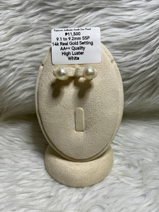 New Arrival! 9.1mm to 9.2mm Authentic White South Sea Pearl Earrings in 14k Real Gold Settings