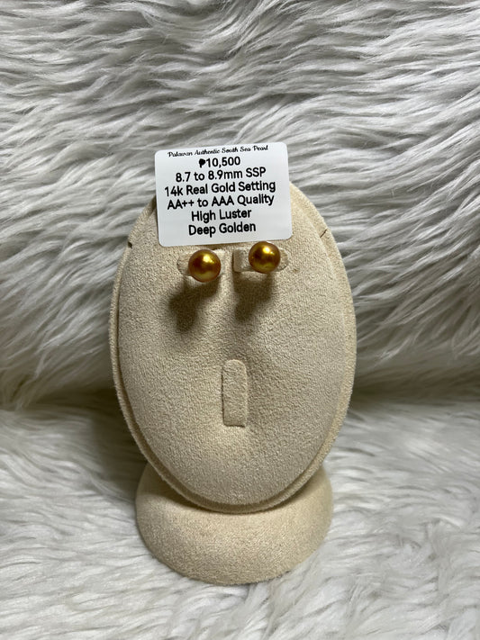 New Arrival! 8.7mm to 8.9mm Authentic Deep Golden South Sea Pearl Earrings in 14k Real Gold Settings