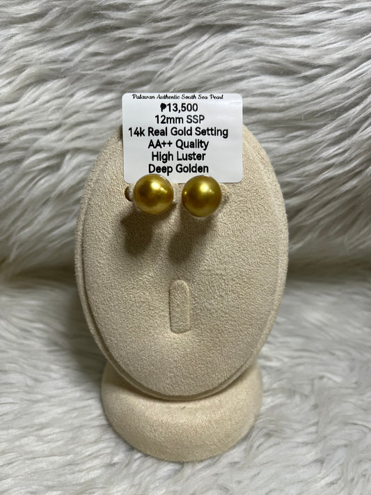 New Arrival! 12mm Authentic Deep Golden South Sea Pearl Earrings in 14k Real Gold Settings