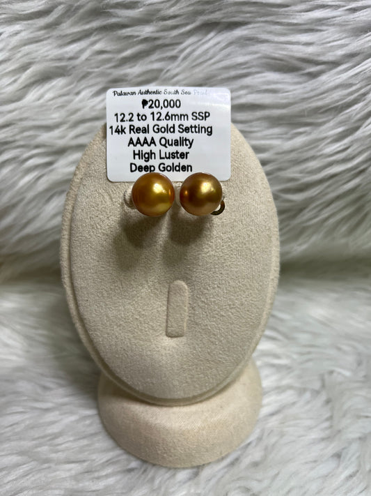 New Arrival! 12.2mm to 12.6mm Authentic Deep Golden South Sea Pearl Earrings in 14k Real Gold Settings