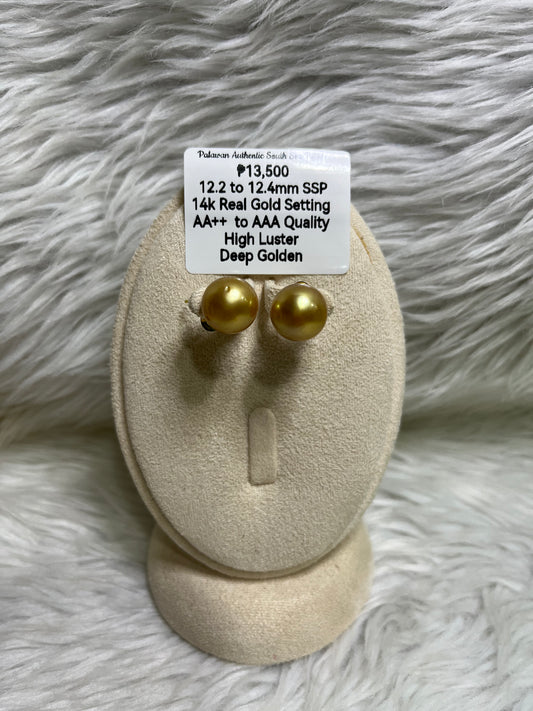 New Arrival! 12.2mm to 12.4mm Authentic Deep Golden South Sea Pearl Earrings in 14k Real Gold Settings