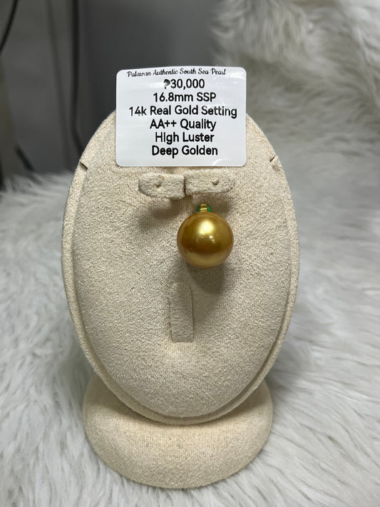 New Arrival! 16.8mm Authentic Deep Golden Color South Sea Pearl Pendant in 14k Real Gold Settings