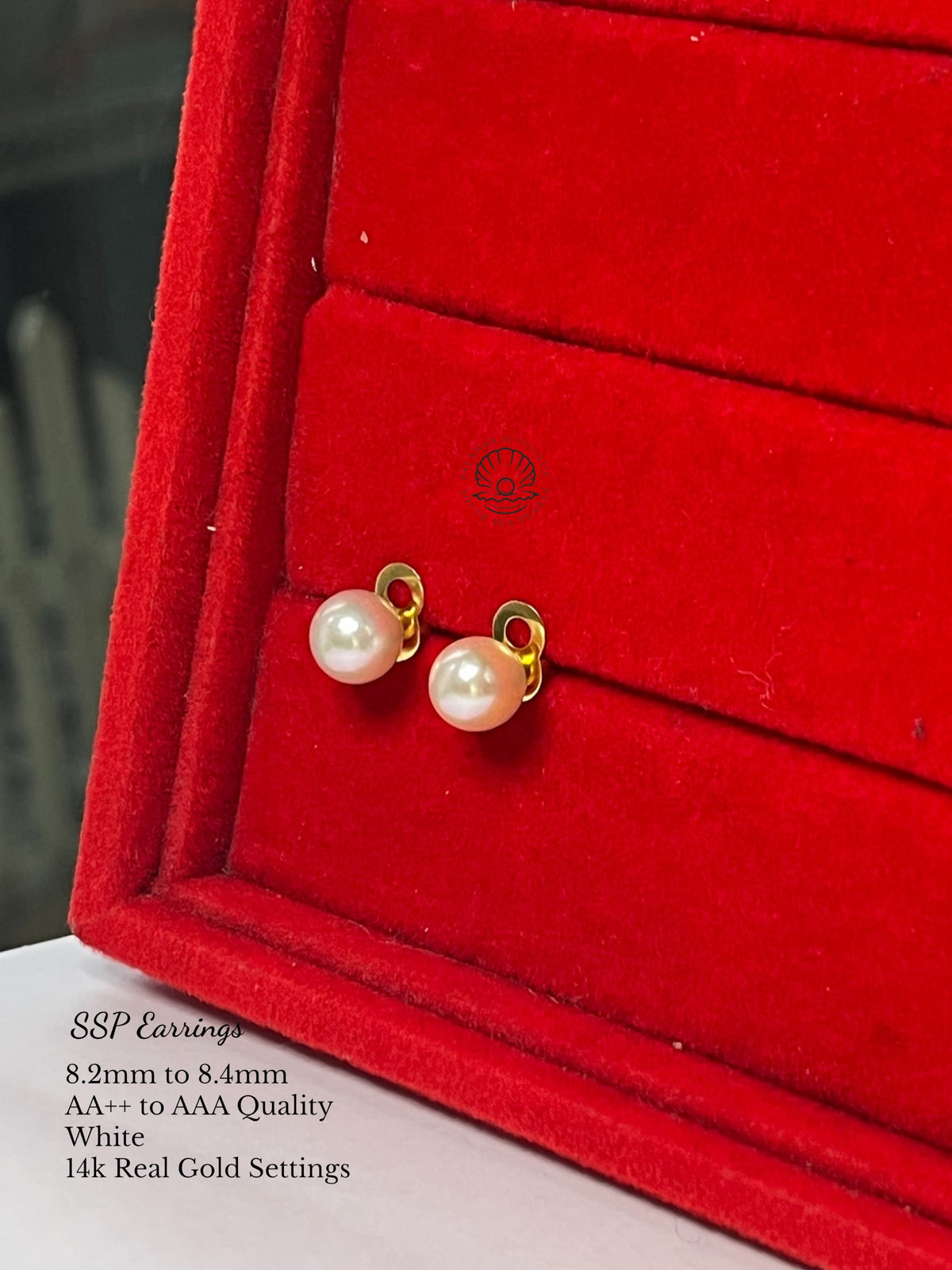 8.2mm to 8.4mm Palawan Authentic White Color South Sea Pearl Earrings in 14k Real Gold Settings