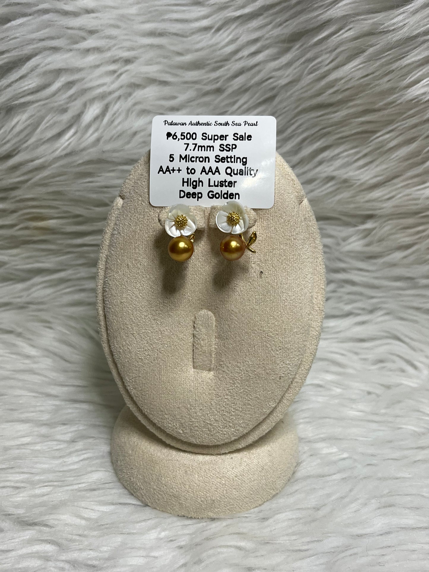 New Arrival! 7.7mm Authentic Deep Golden Color South Sea Pearl Earring in 5 Micron Setting