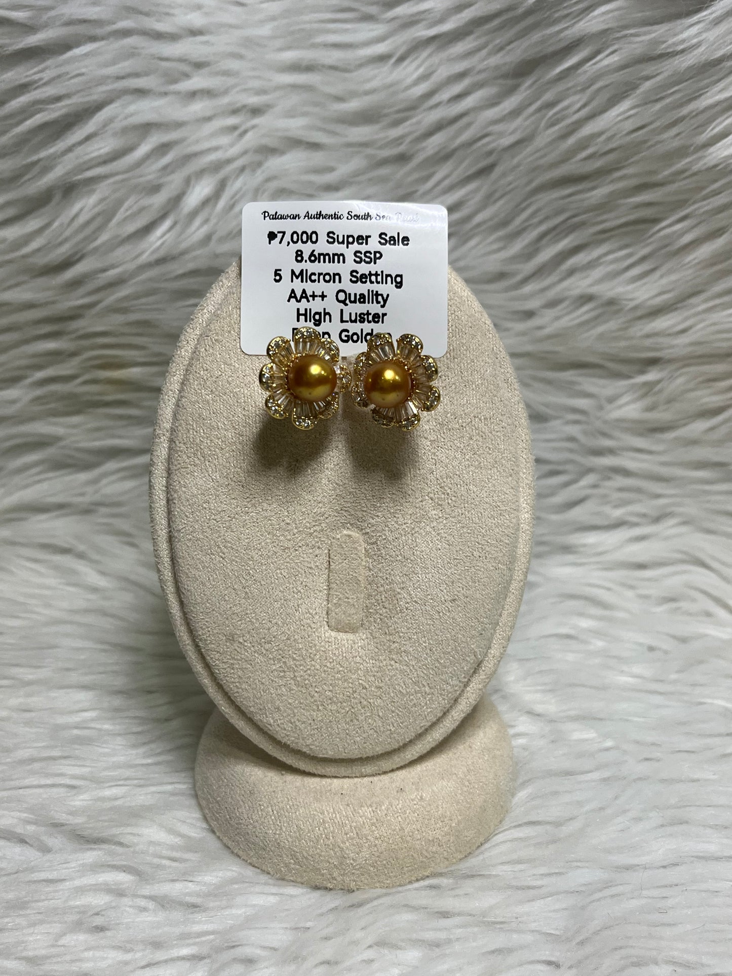 New Arrival! 8.6mm Authentic Deep Golden Color South Sea Pearl Earring in 5 Micron Setting