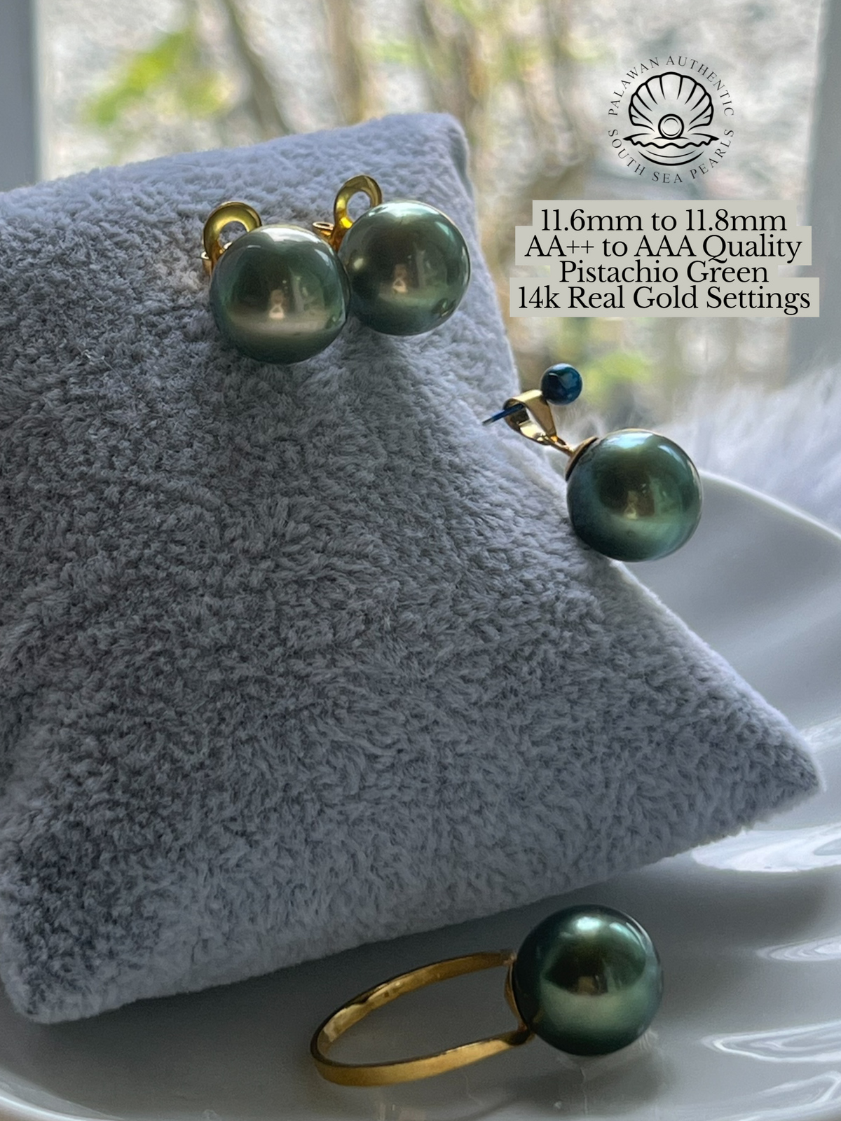 11.6mm to 11.8mm Palawan Authentic Pistachio Green Color South Sea Pearl Set in 14k Real Gold Settings