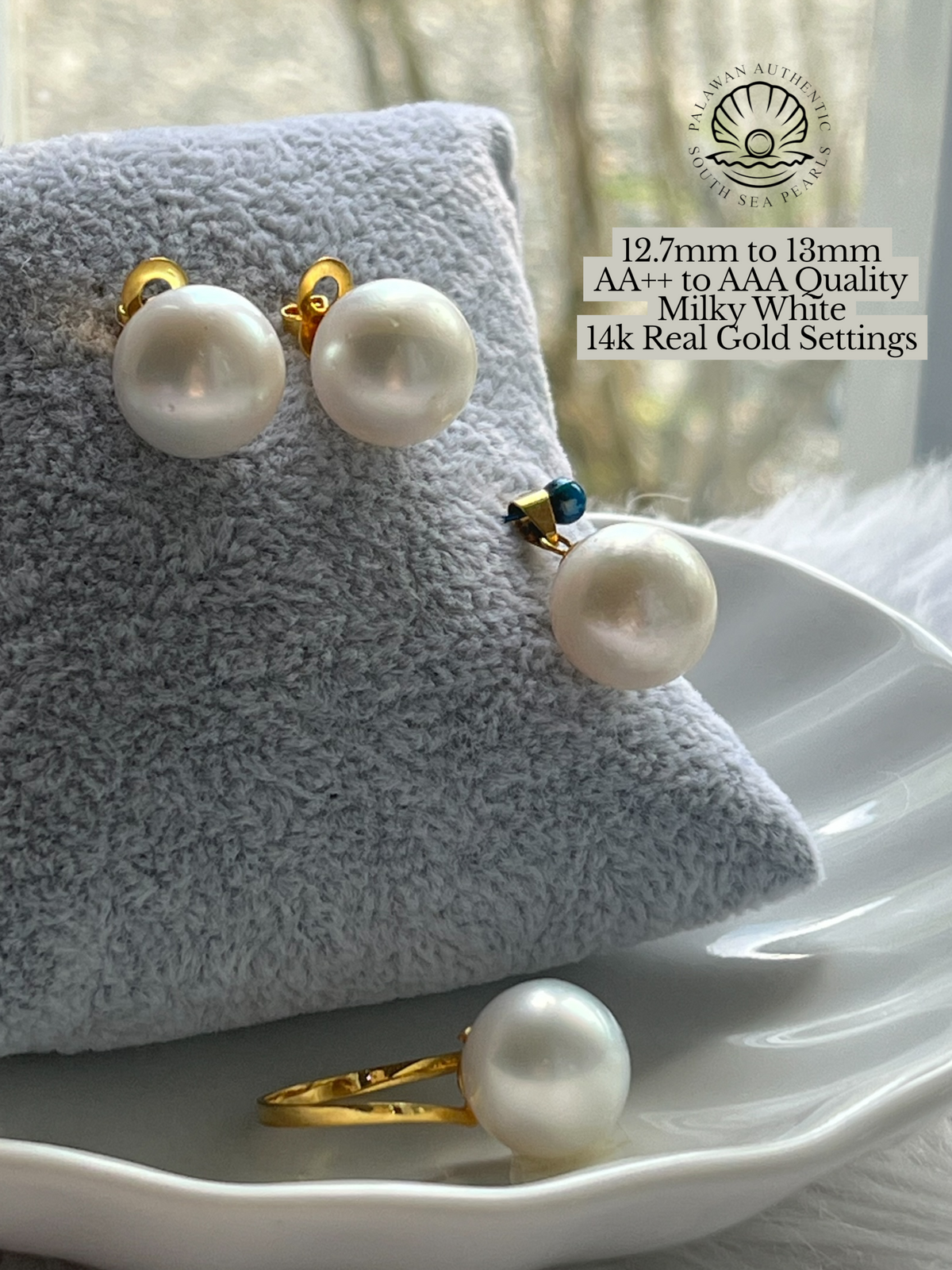 12.7mm to 13mm Palawan Authentic Milky White Color South Sea Pearl Set in 14k Real Gold Settings
