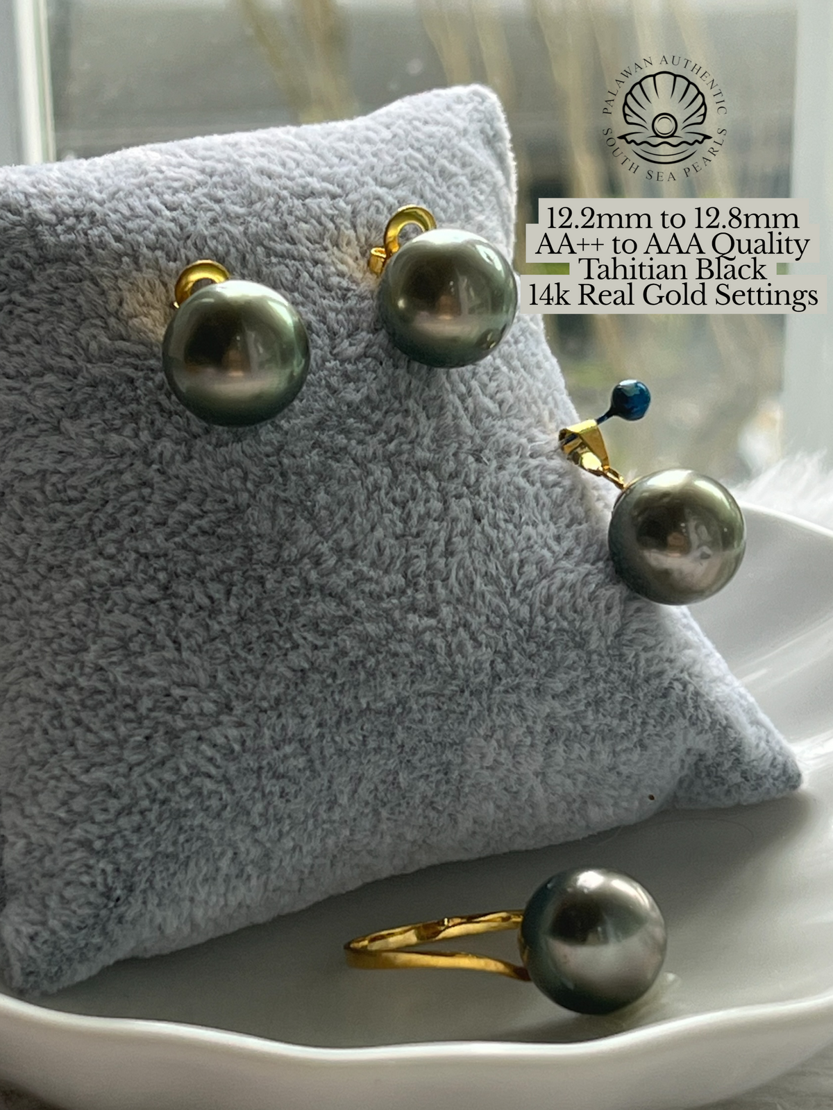 12.2mm to 12.8mm Palawan Authentic Tahitian Black Color South Sea Pearl Set in 14k Real Gold Settings