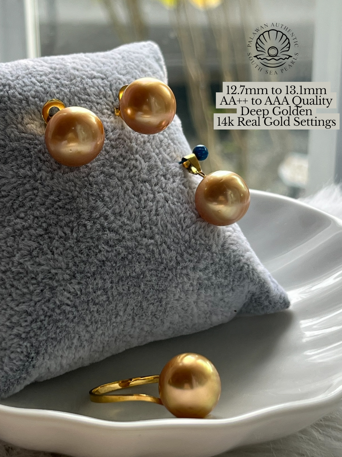 12.7mm to 13.1mm Palawan Authentic Deep Golden Color South Sea Pearl Set in 14k Real Gold Settings
