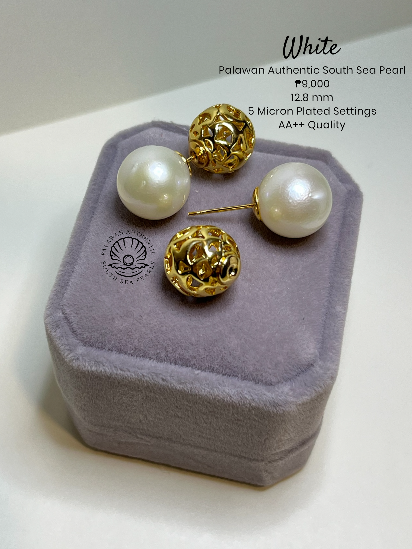 12.8mm Palawan Authentic White Color South Sea Pearl Special Design in 5 Micron Plated Settings