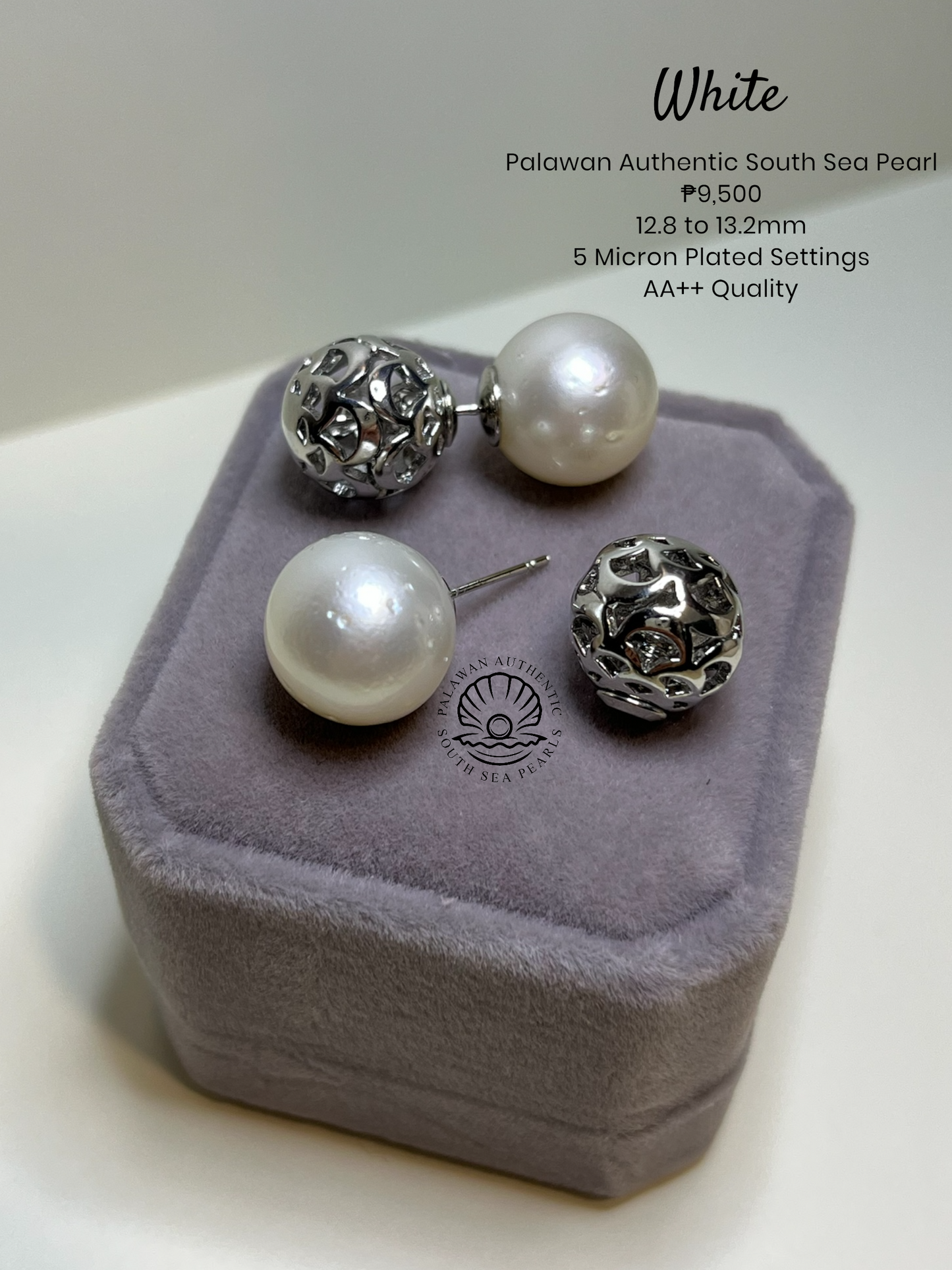 12.8 to 13.2mm Palawan Authentic White South Sea Pearl Special Design in 5 Micron Plated Settings