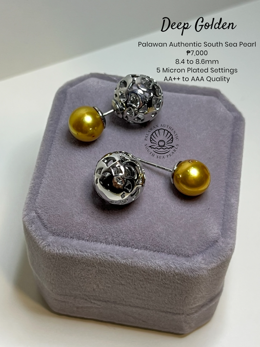 New Arrival! 8.4 to 8.6mm Palawan Authentic Deep Golden Color South Sea Pearl Special Design in 5 Micron Plated Settings