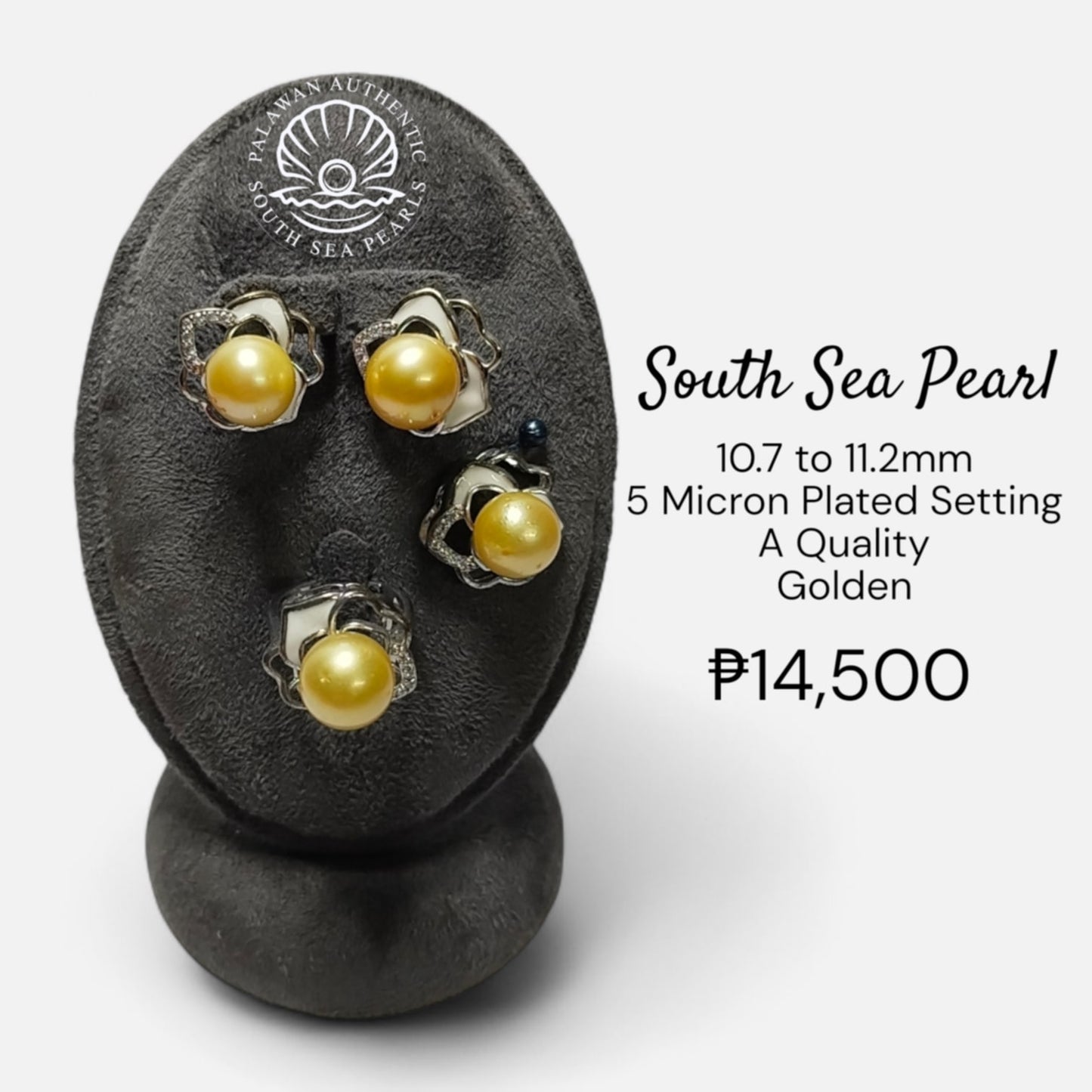 10.7 to 11.2mm Palawan Authentic Golden Color South Sea Pearl Set in 5 Micron Plated Settings