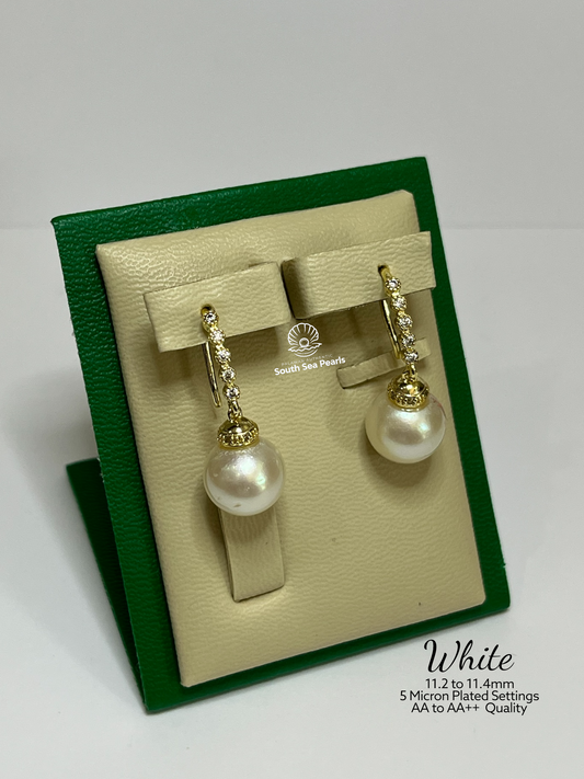 11.2 to 11.4mm Palawan Authentic White Color South Sea Pearl Earrings in 5 Micron Plated Settings