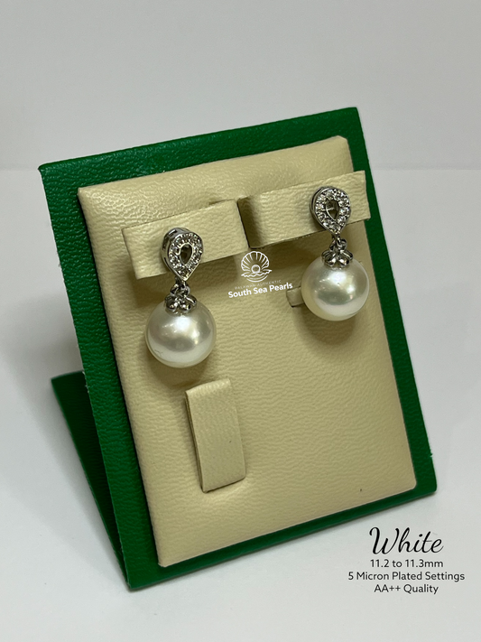 11.2 to 11.3mm Palawan Authentic White Color South Sea Pearl Earrings in 5 Micron Plated