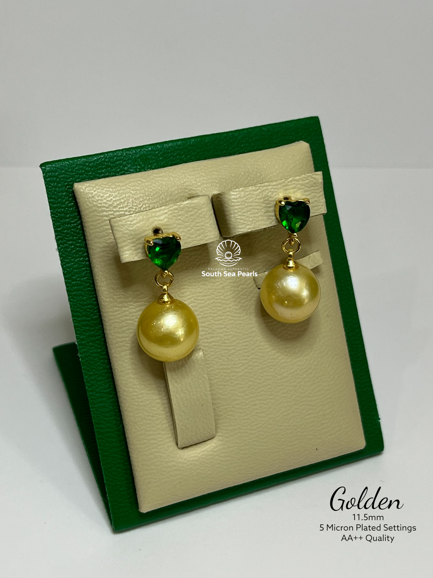 11.5mm Palawan Authentic Golden Color South Sea Pearl Earrings in 5 Micron Plated Settings