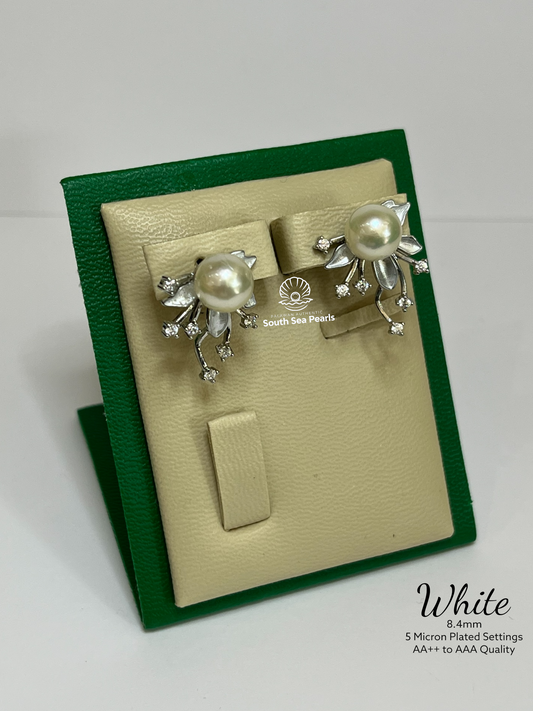 8.4mm Palawan Authentic White Color South Sea Pearl Earrings in 5 Micron Plated Settings