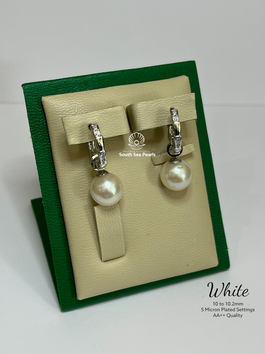 10 to 10.2mm Palawan Authentic White Color South Sea Pearl Earrings in 5 Micron Plated Settings