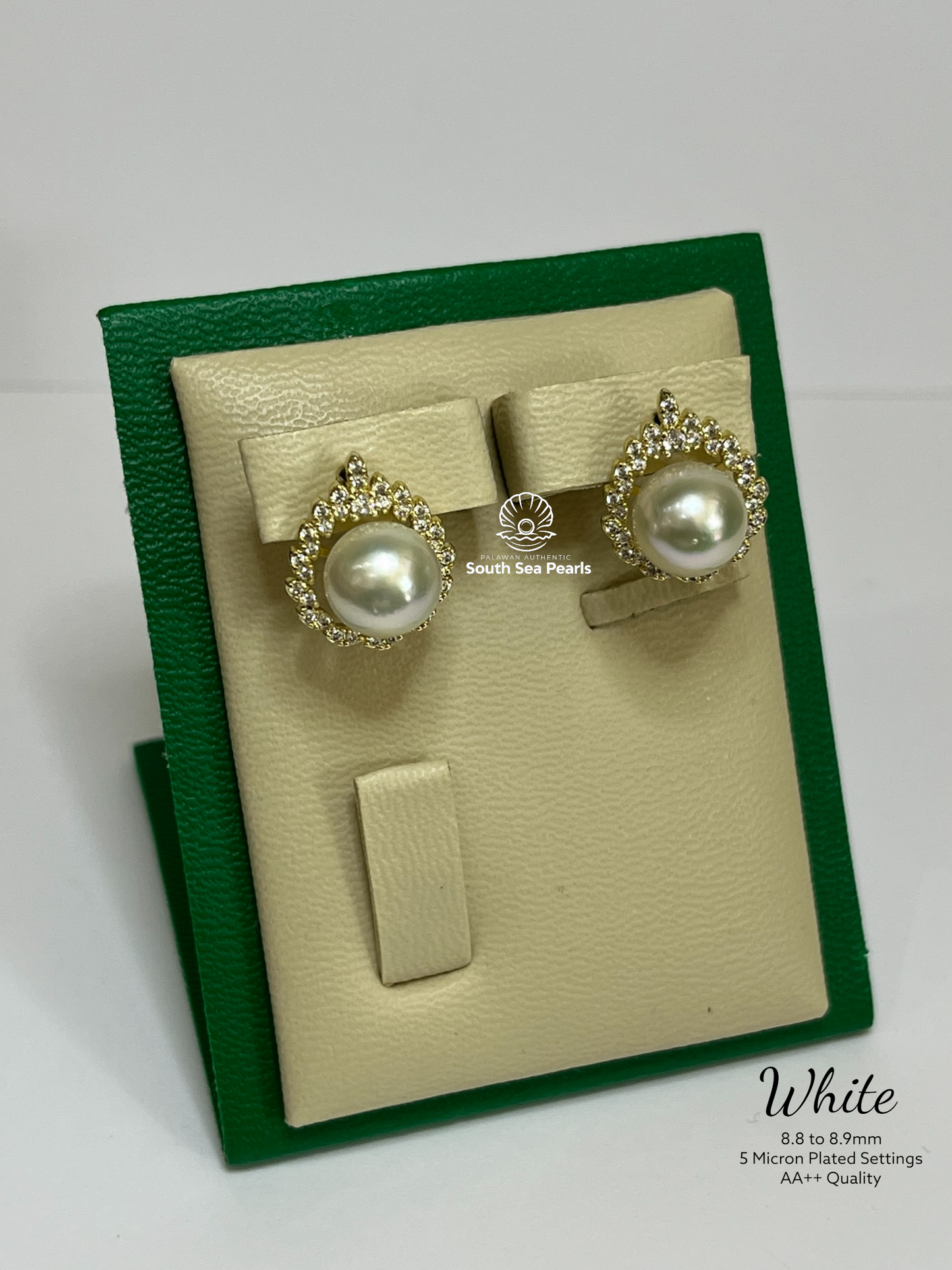 8.8 to 8.9mm Palawan Authentic White Color South Sea Pearl Earrings in 5 Micron Plated Settings