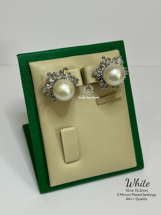 10 to 10.2mm Palawan Authentic White Color South Sea Pearl Earrings in 5 Micron Plated Settings