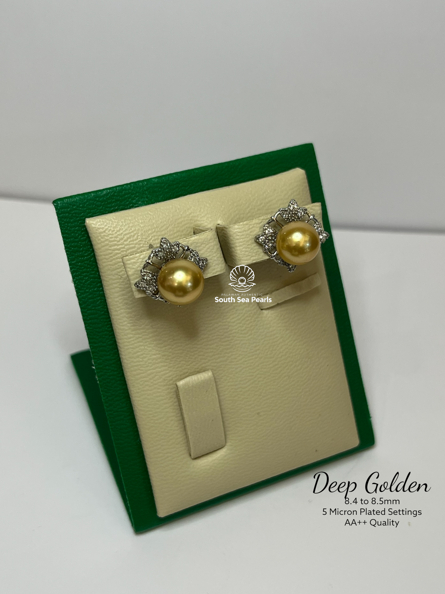 8.4 to 8.5mm Palawan Authentic Deep Golden Color South Sea Pearl Earrings in 5 Micron Plated Settings