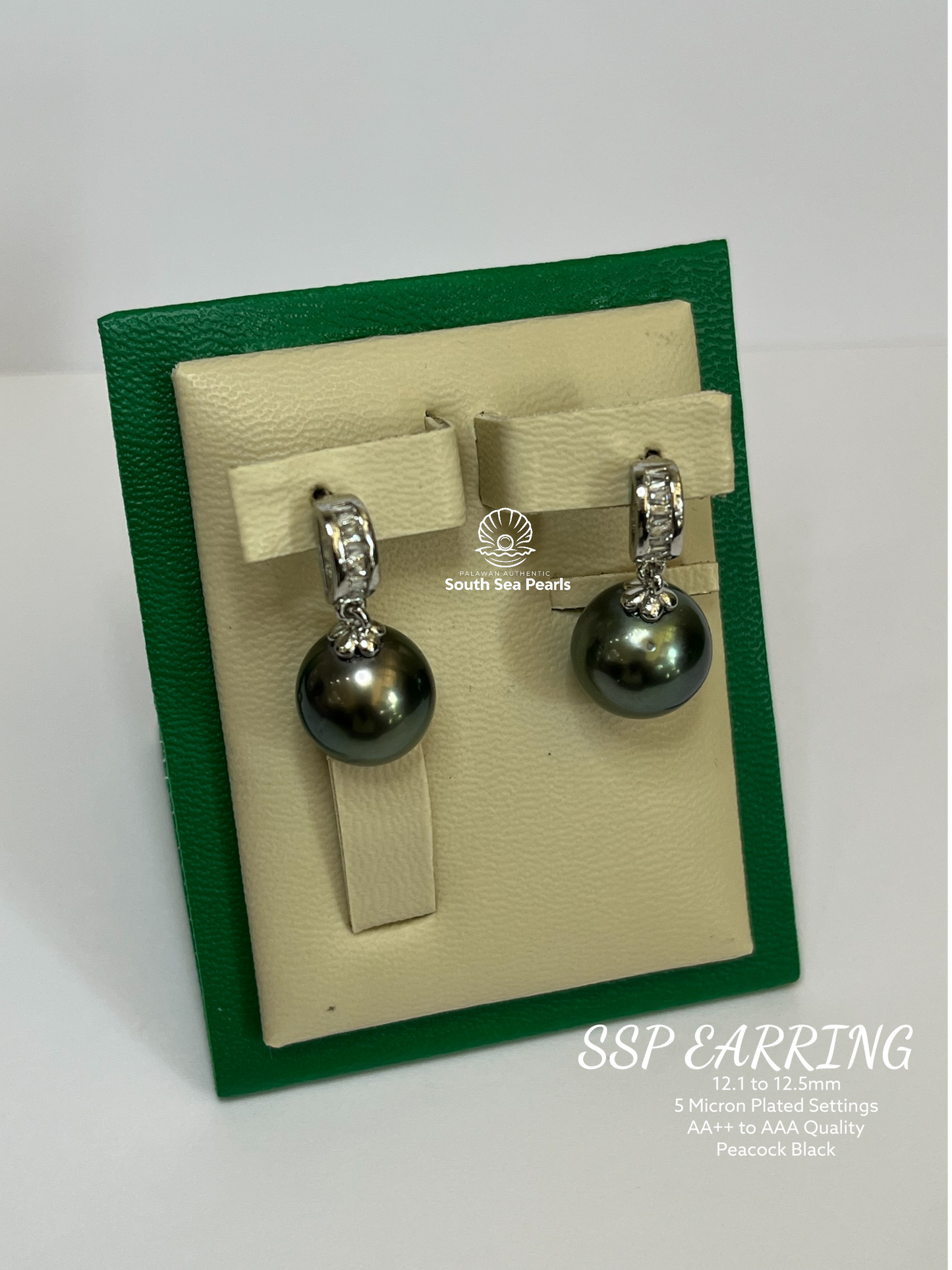 12.1 to 12.5mm Palawan Authentic Peacock Black Color South Sea Pearl Earrings in 5 Micron Plated Settings