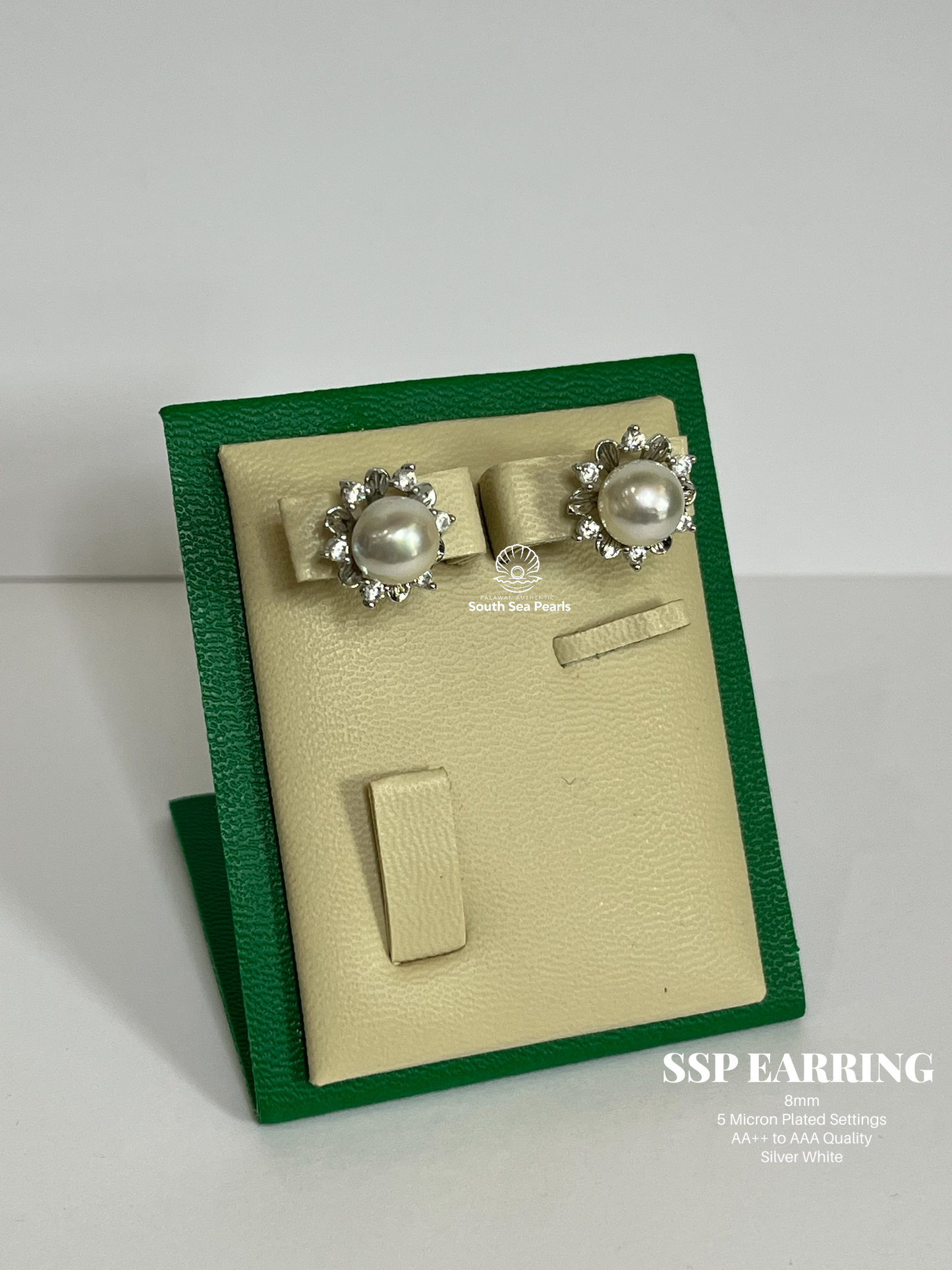 8mm Palawan Authentic Silver White Color South Sea Pearl Earrings in 5 Micron Plated Settings