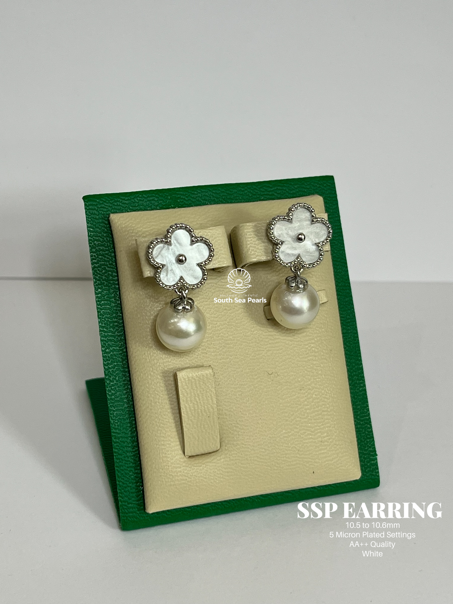 10.5 to 10.6mm Palawan Authentic White Color South Sea Pearl Earrings in 5 Micron Plated Settings